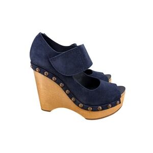 Pedro Garcia Navy Suede Studded Wood Wedge Sandals Peep Toe Made in Spain 38.5